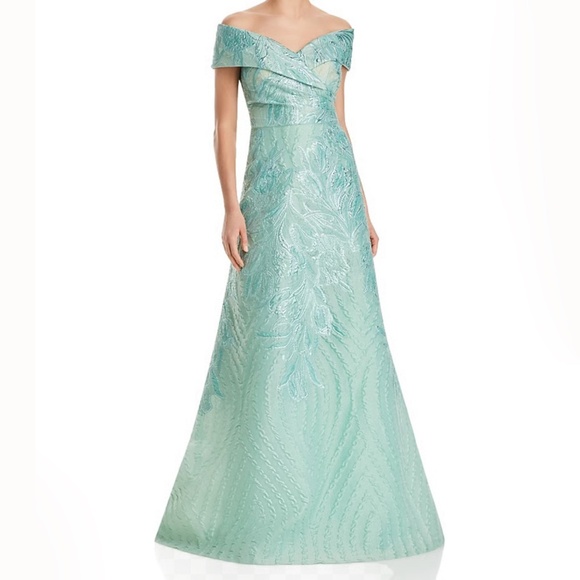 Rickie Freeman for Teri Jon - Off-Shoulder Metallic Jacquard Gown - Picture 1 of 14
